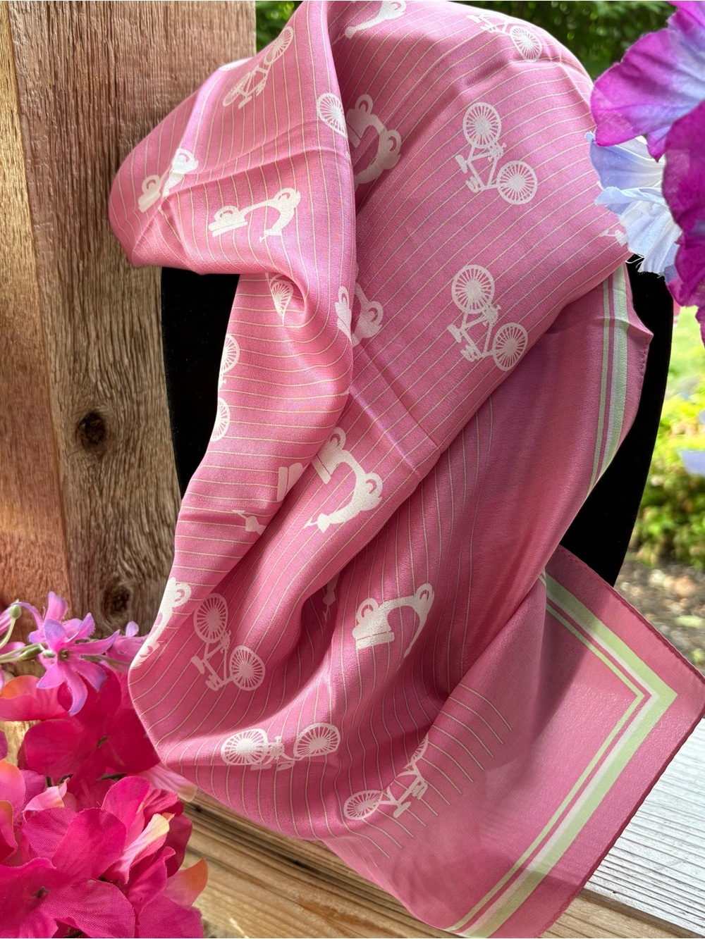 Vintage Talbots Pink Pinstriped w Bicycle & Scooter Print Silk Square Scarf